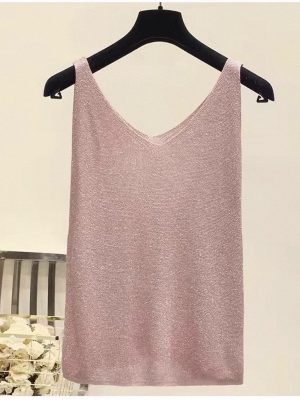 Shimmer Knit V-Neck Tank – Soft Pink